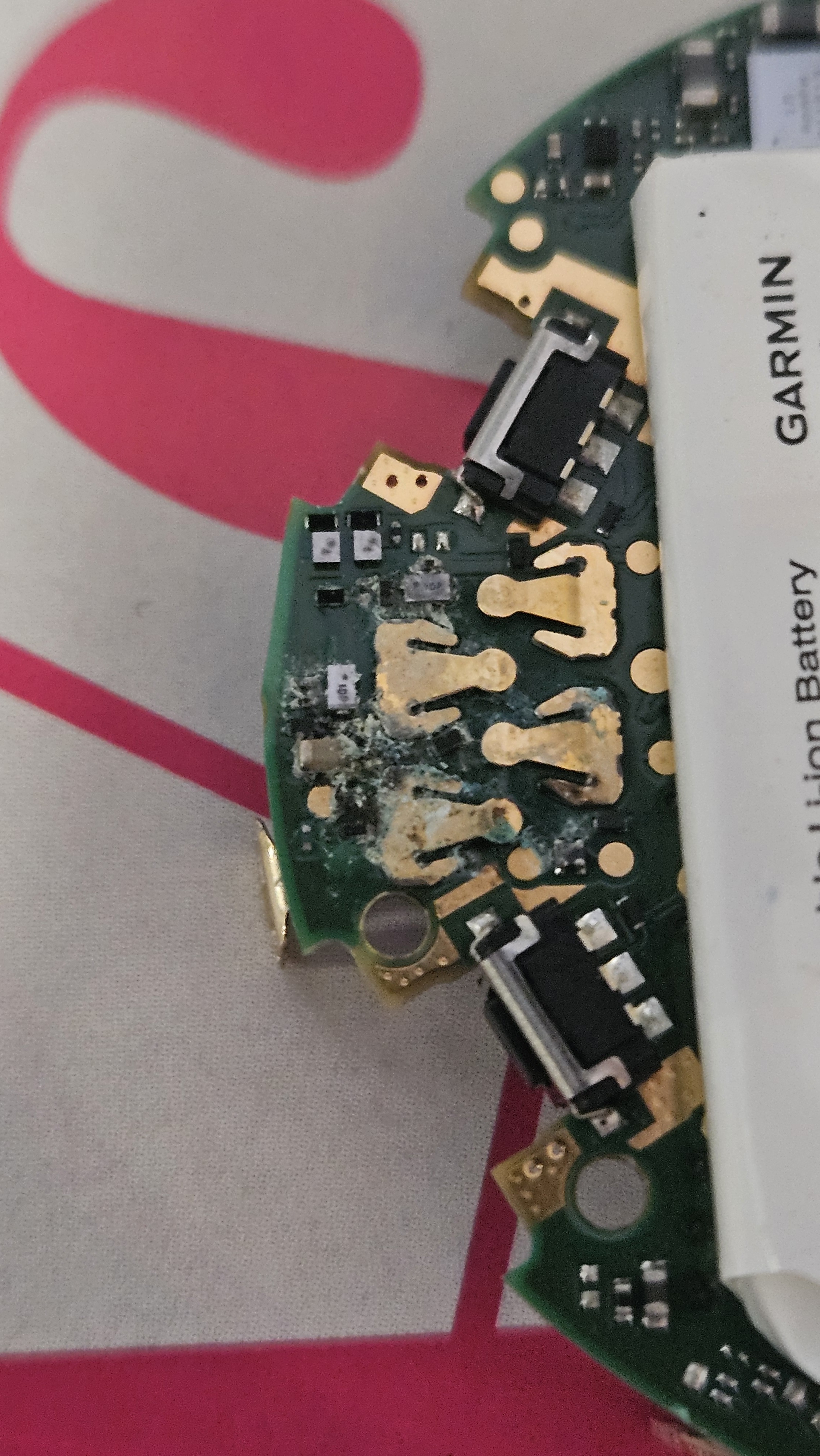 Close-up of the PCB showing corrosion